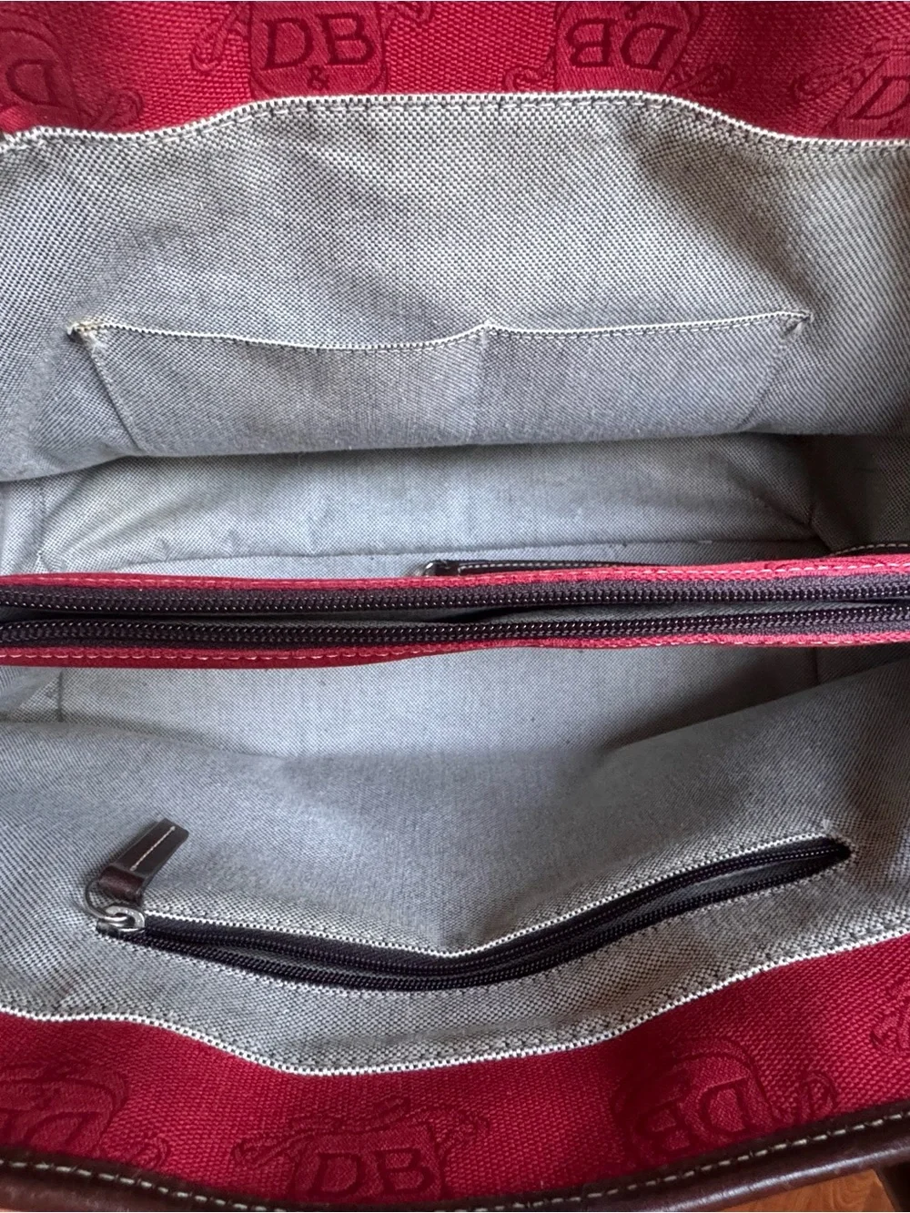 Dooney & Bourke Red Duffel with Brown Leather Trim